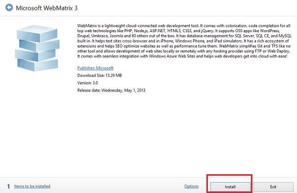 Web Platform Installer 的螢幕擷取畫面，其中顯示 Microsoft Web Matrix 安裝程式，其中以紅色矩形醒目提示 [安裝] 按鈕。