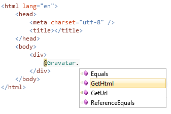 來源編輯器的螢幕快照，其中顯示 Gravatar 協助程式 IntelliSense 下拉式清單，其中醒目提示黃色的 [取得 H T M L] 專案。