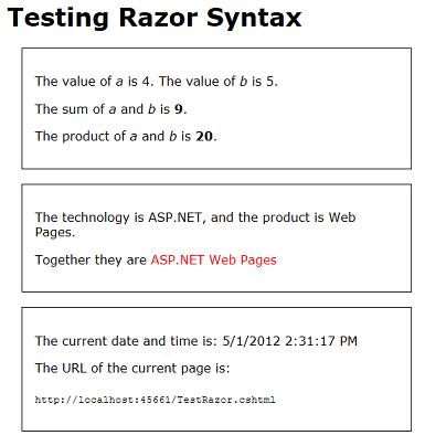 在瀏覽器視窗中執行的 [測試 Razor] 頁面螢幕快照，其中顯示已解析值和表達式的三個方塊。