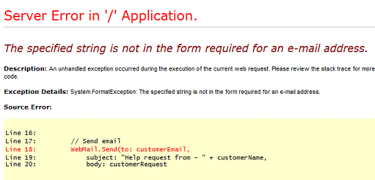 當電子郵件發生問題時，ASP.NET 錯誤訊息