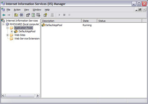 Windows IIS 管理員畫面的螢幕快照。[檔案] 選單會顯示醒目提示的 [應用程式集區] 資料夾。