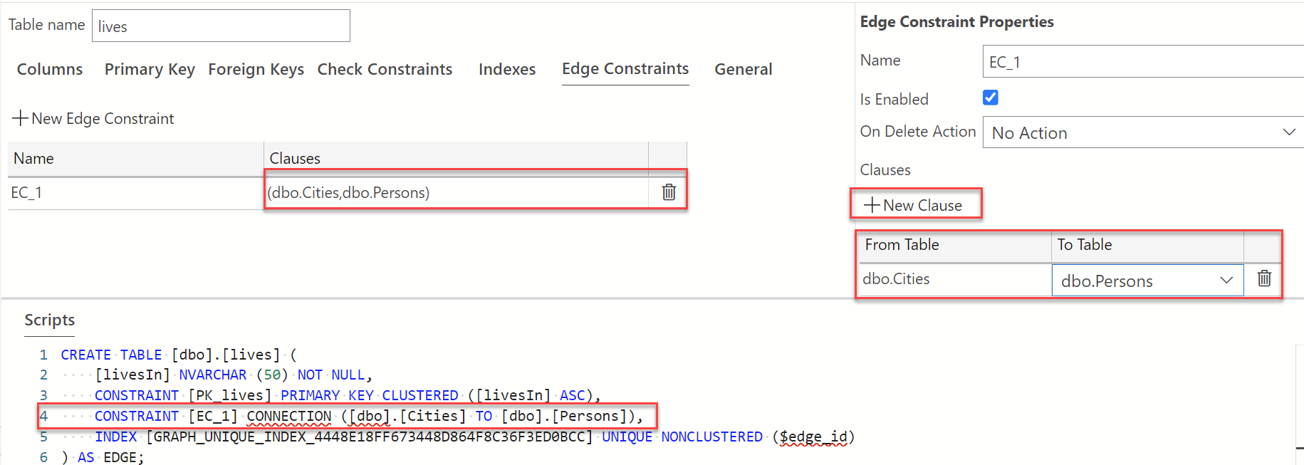 Screenshot of Table Designer showing how to add clause to edge constraint.