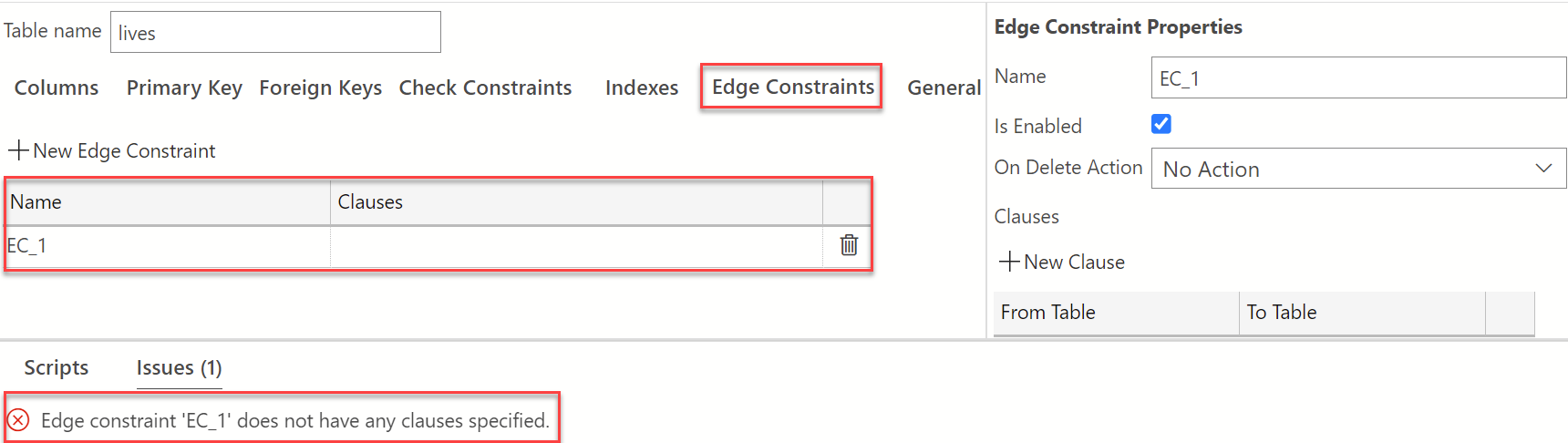 Screenshot of Table Designer showing how to create edge constraint.