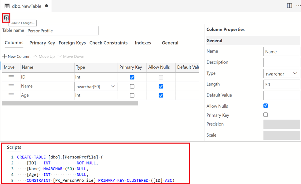 Screenshot of Table Designer showing how to create table for establishing a foreign key.