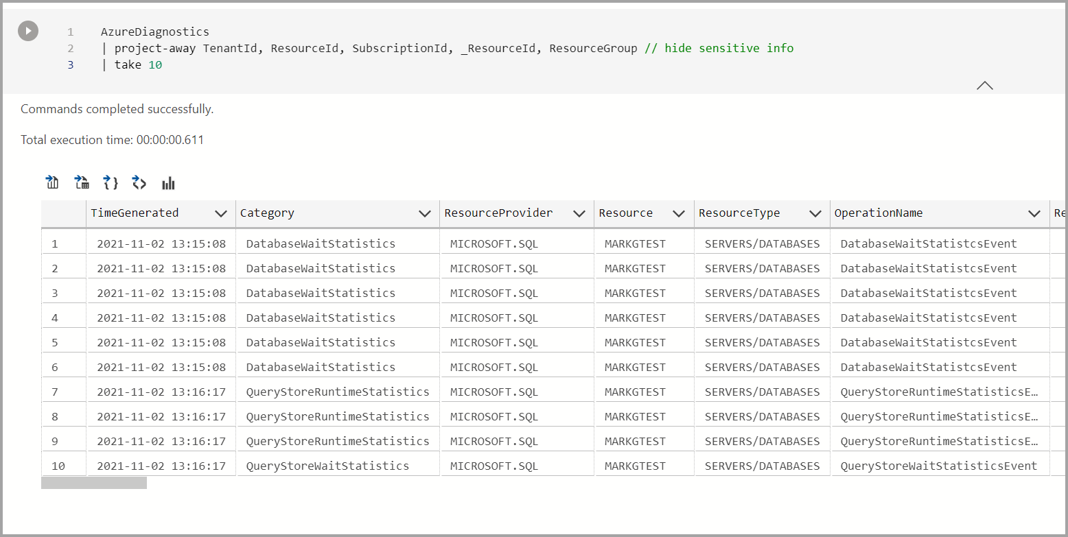 Azure 診斷程式碼資料格結果的螢幕擷取畫面。