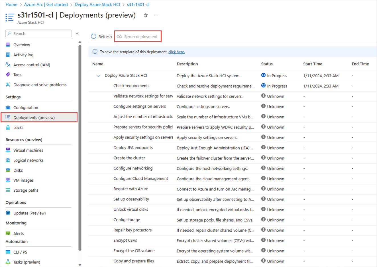 如何透過 Azure 入口網站 重新執行失敗部署的螢幕快照。