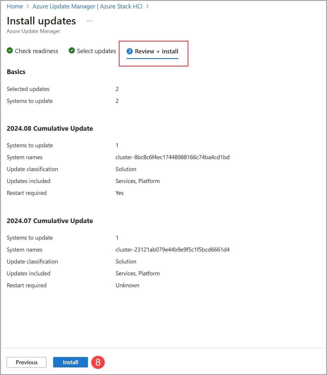 在 Azure 更新管理員 中檢閱和安裝叢集更新的螢幕快照。