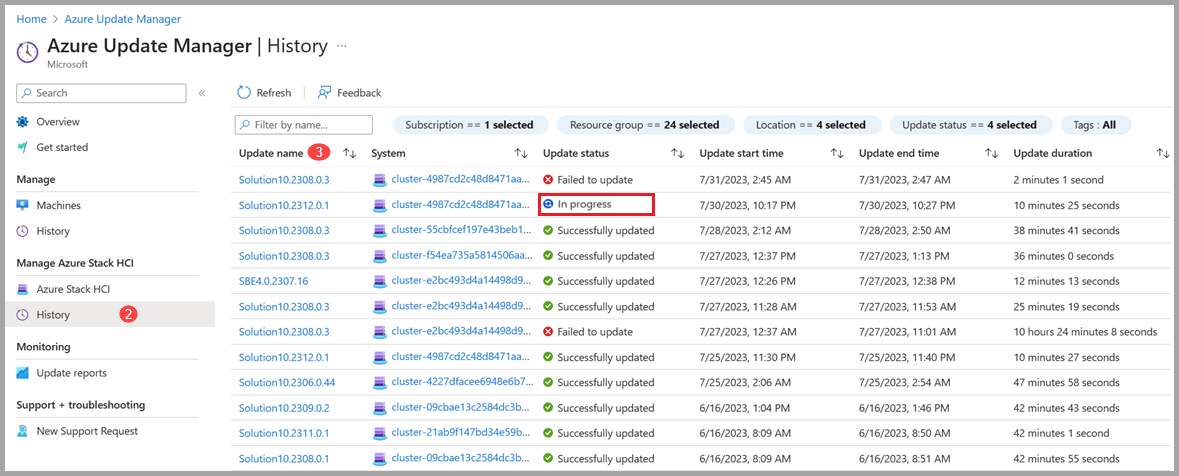 在 Azure 更新管理員 中檢視叢集更新進度的螢幕快照。