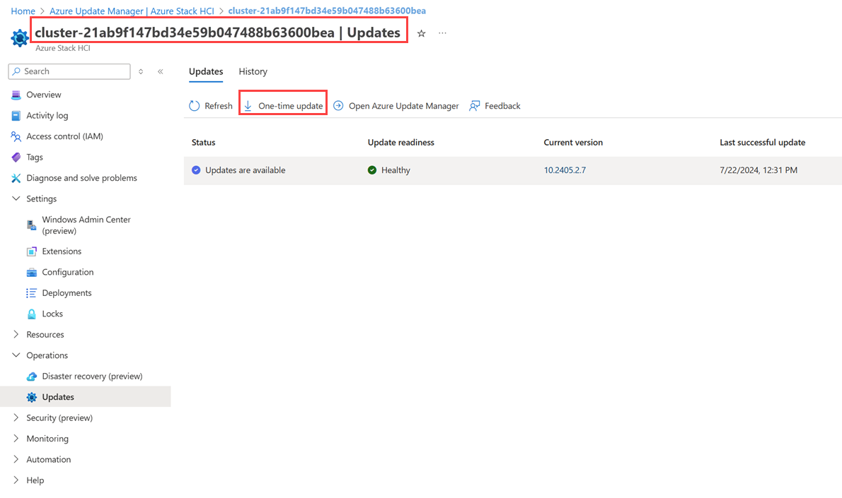 Azure 更新管理員 中一次性叢集更新的螢幕快照。