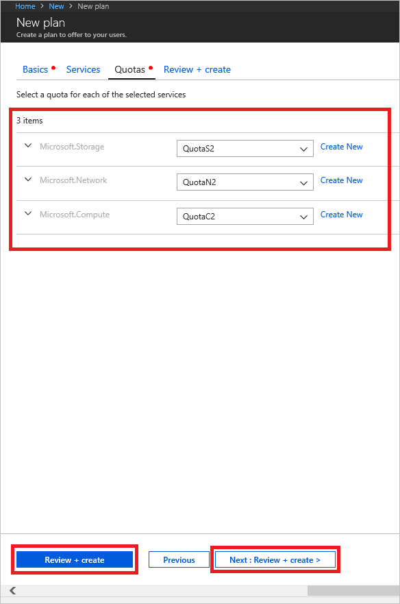 顯示如何在 Azure Stack Hub 中完成新方案的配額指派的螢幕快照。