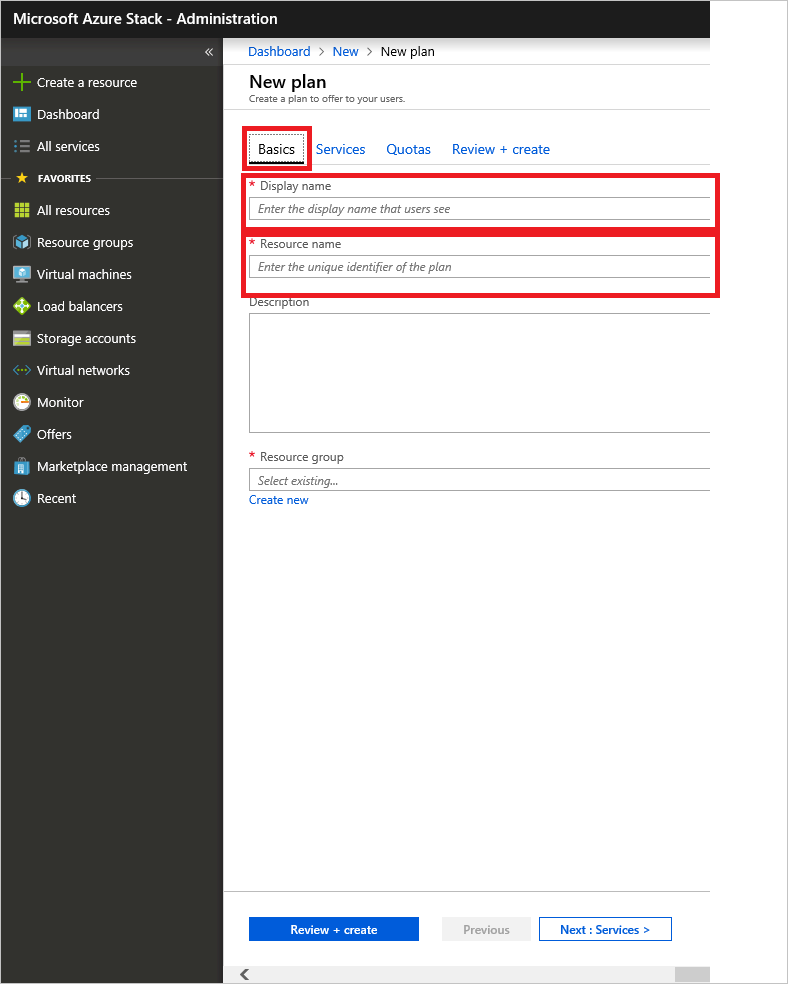 顯示如何在 Azure Stack Hub 中指定新方案詳細數據的螢幕快照。