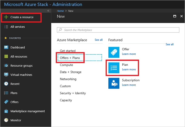 顯示如何在 Azure Stack Hub 系統管理員入口網站中選取方案的螢幕快照。
