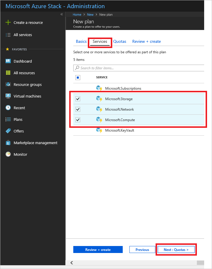 顯示如何在 Azure Stack Hub 中選取新方案的服務的螢幕快照。