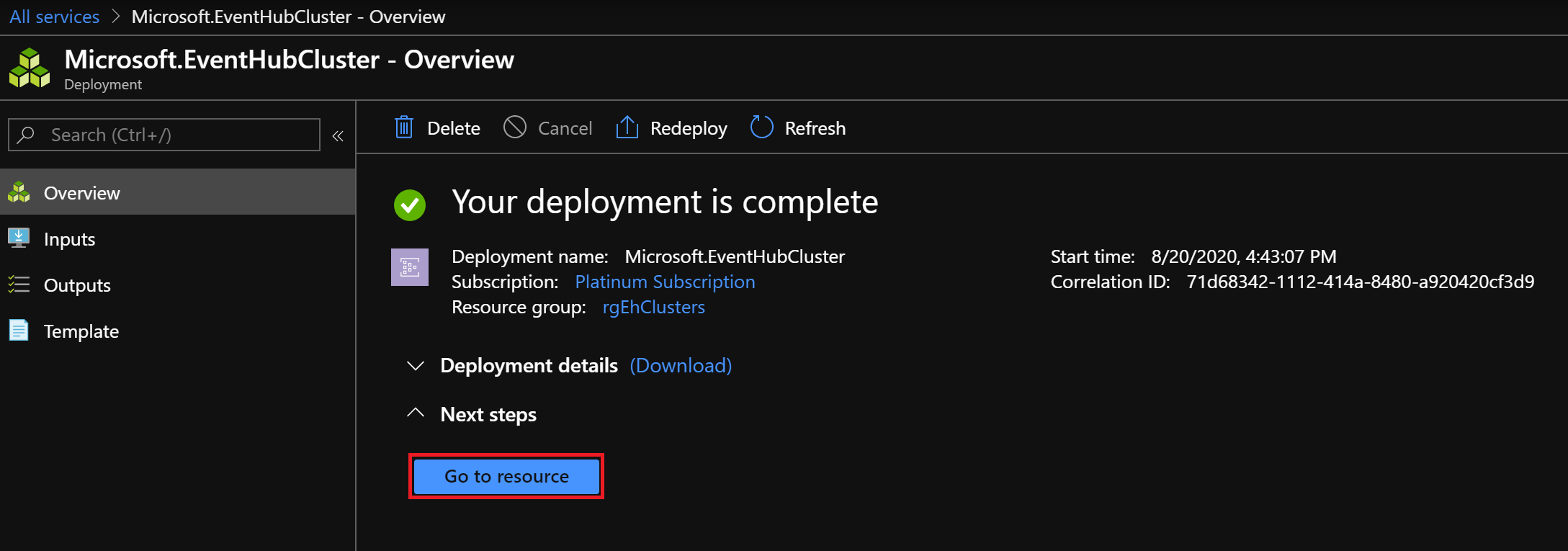 Create Event Hub cluster - deployment complete