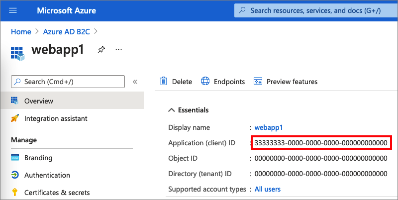 螢幕擷取畫面：用於記錄 Web 應用程式識別碼的 Web 應用程式 [概觀] 頁面。