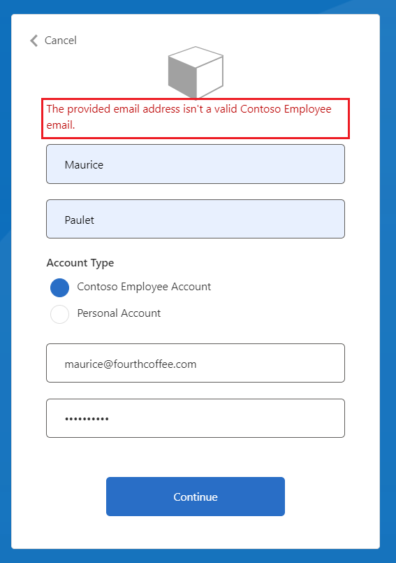 因電子郵件地址無效而發生錯誤的螢幕快照。