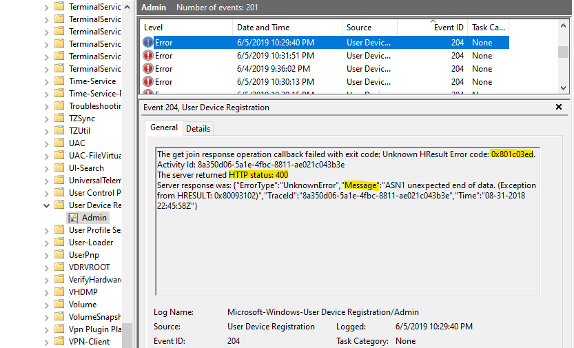 Screenshot of Event Viewer, with event ID 204 selected and its error code, H T T P status, and message highlighted.