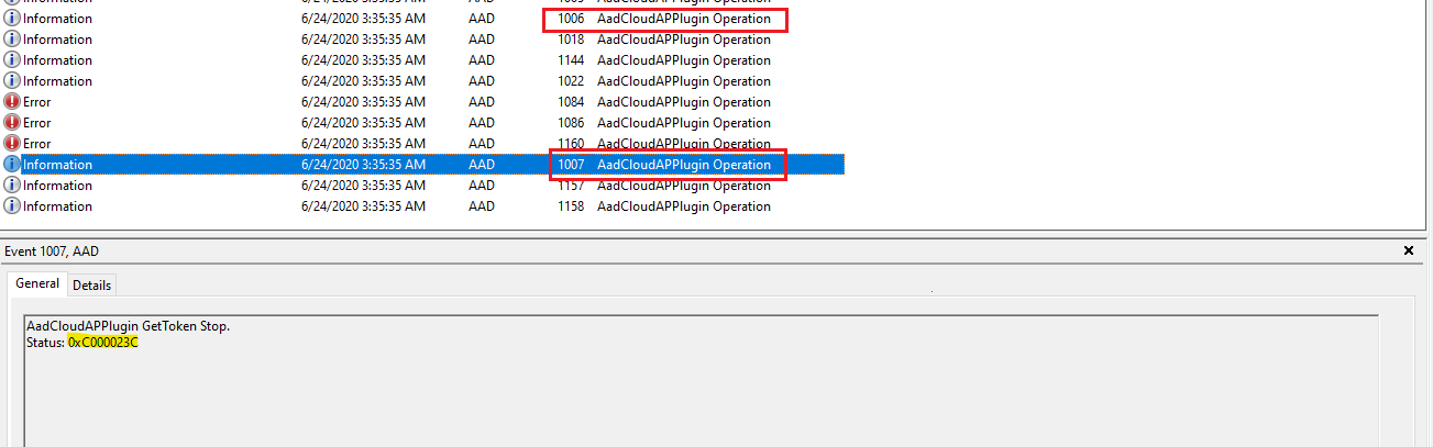 Screenshot of Event Viewer, with event IDs 1006 and 1007 selected and the final error code highlighted.