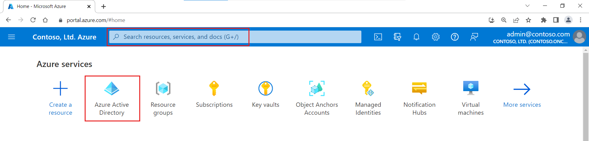 顯示要在哪裡選取 Azure Active Directory 服務的螢幕擷取畫面。