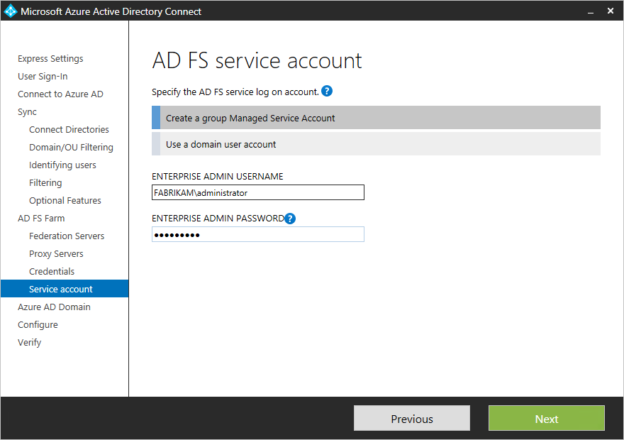 顯示 [ADFS 服務帳戶] 頁面的螢幕擷取畫面。