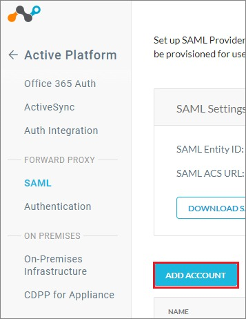 顯示在 [SAML] 窗格中選取 [新增帳戶] 的螢幕擷取畫面。