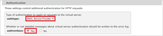 authentication settings for virtual server