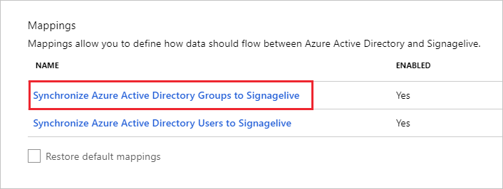 Screenshot of the Mappings section with the Synchronize Microsoft Entra group to Signagelive option called out.