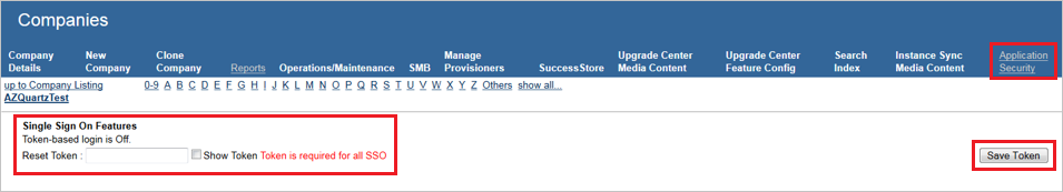 Screenshot shows Application Security tab with Single Sign On Features called out where you can enter a token.