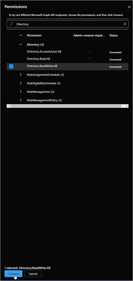Microsoft Graph 許可權的螢幕快照。