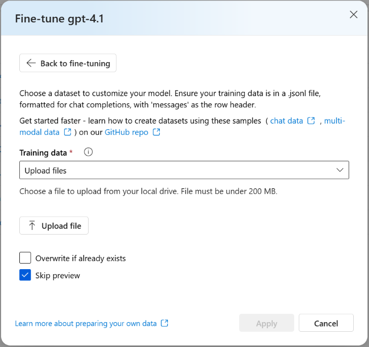 Foundry 入口網站中建立自訂模型精靈的訓練資料窗格截圖。
