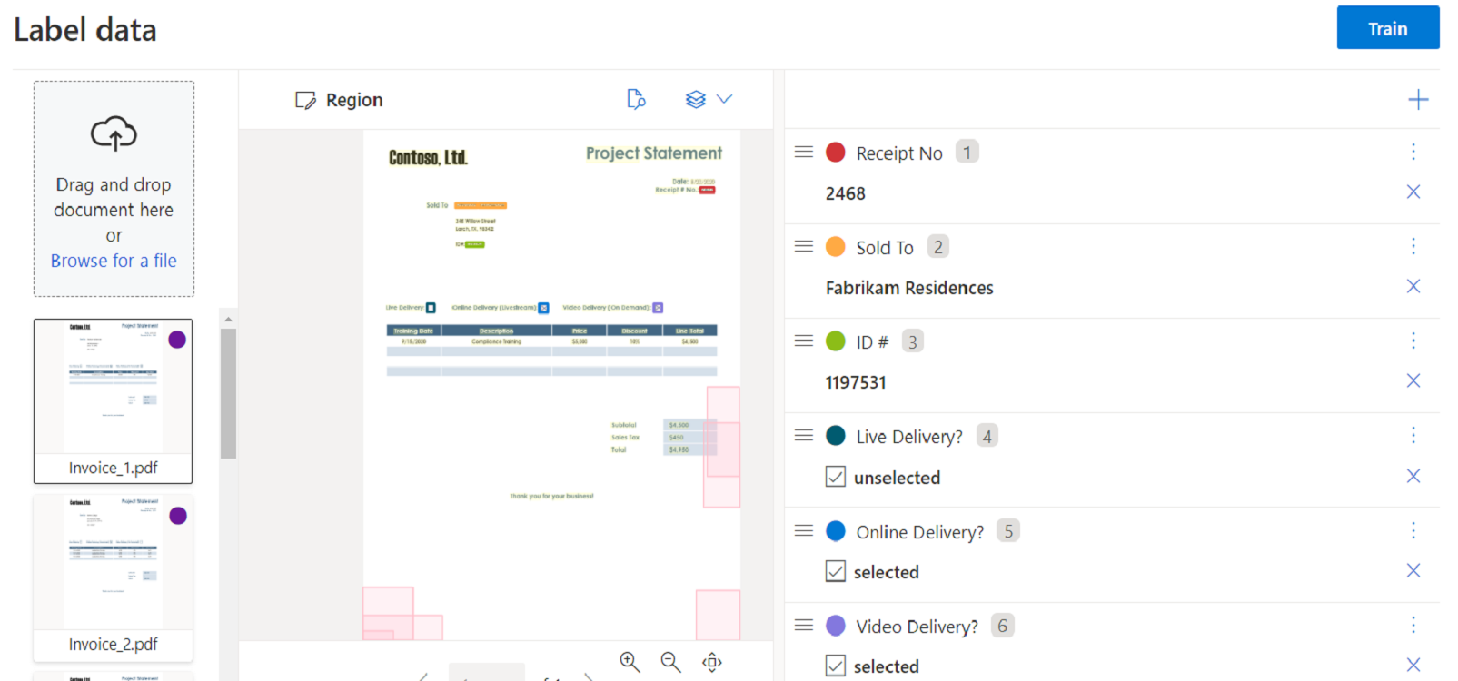 Screenshot of Custom model training using Document Intelligence Studio.