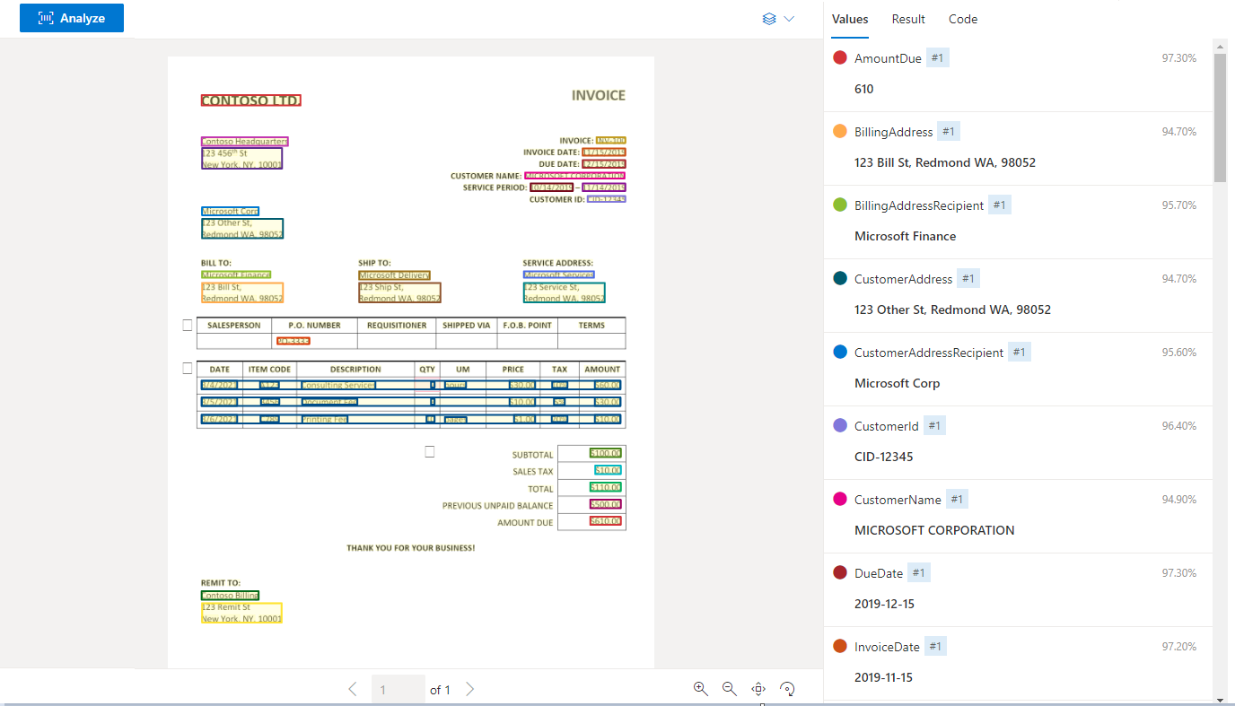 Document Intelligence Studio 中分析的範例發票螢幕快照。