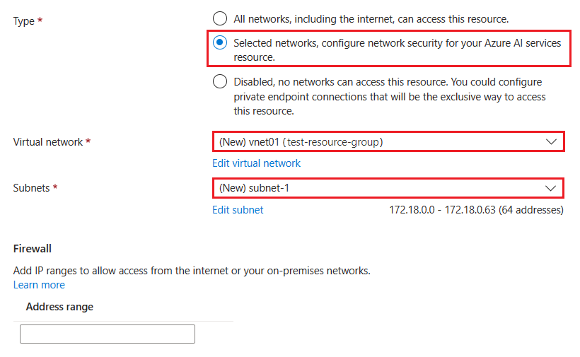 顯示如何設定 Azure OpenAI 資源網路安全性以僅允許特定網路的螢幕快照。