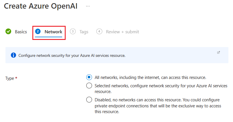 此螢幕快照顯示 Azure 入口網站 中 Azure OpenAI 資源的網路安全性選項。