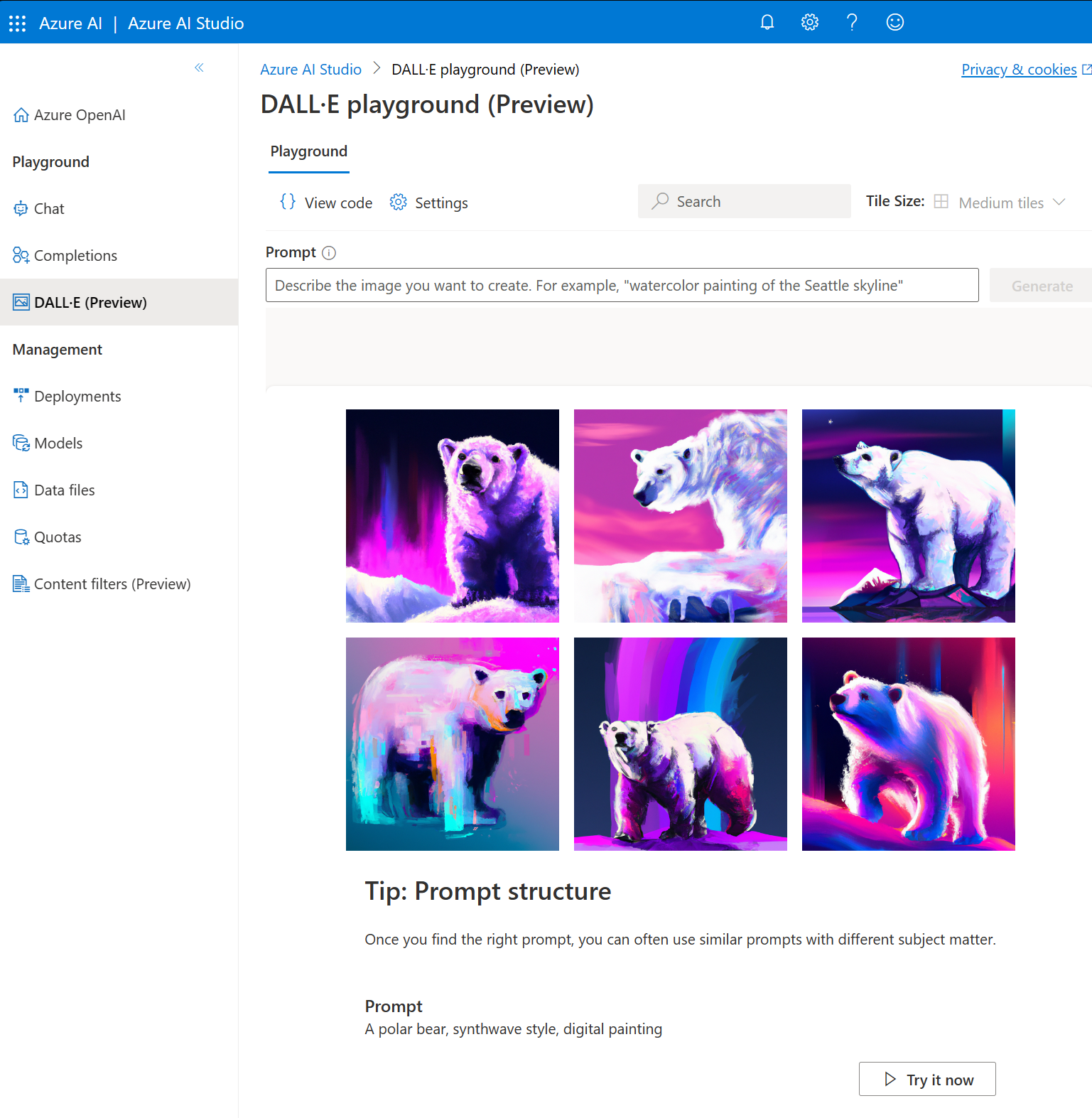 Azure OpenAI Studio 登陸頁面之螢幕擷取畫面，顯示了 DALL·E playground (Preview) \(DALL·E 遊樂場 (預覽)\) 和產生的北極熊影像。