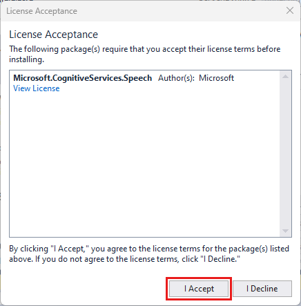 Screenshot of License Acceptance dialog box.