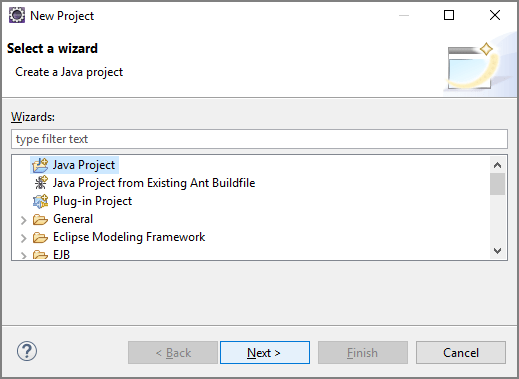 Screenshot of the New Project dialog box, with Java Project highlighted.