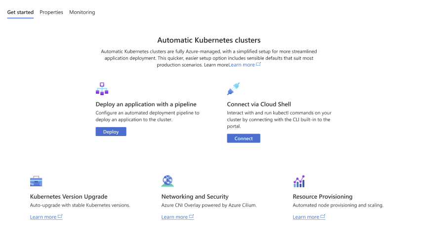 在 Azure portal 建立 AKS 自動叢集後，Overview Blade 的「開始」標籤截圖。
