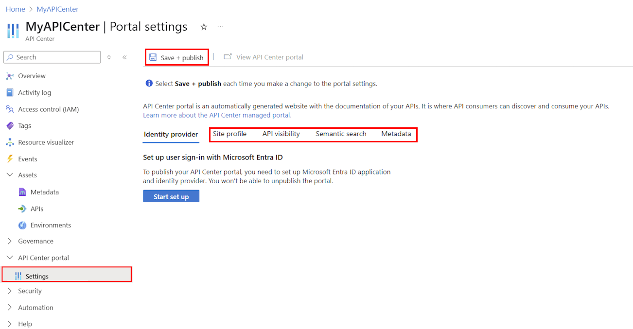 Azure 入口網站中 API 中心入口網站設定的螢幕快照。