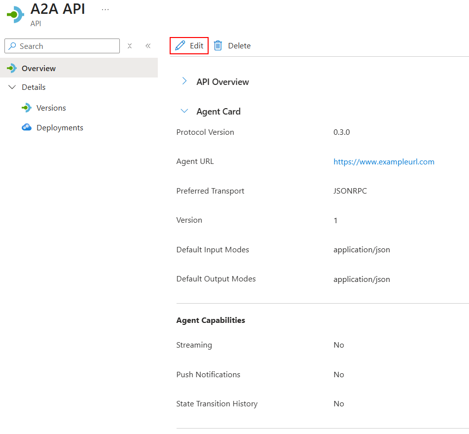 Azure 入口網站中 AI 代理總覽的截圖，編輯按鈕被高亮顯示。