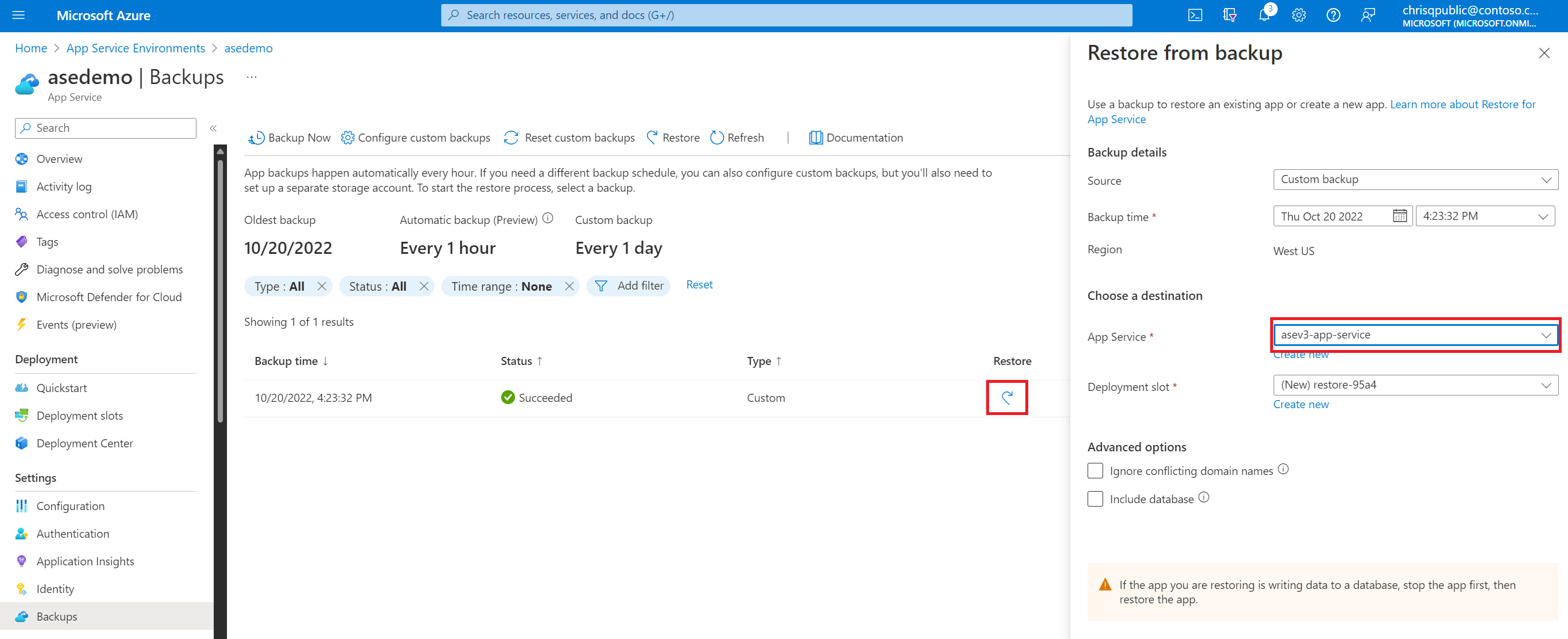 Screenshot that shows how to use a backup to restore an App Service app in App Service Environment v3.