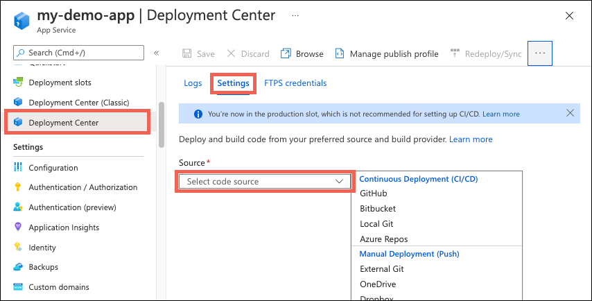 Screenshot that shows how to choose the deployment source