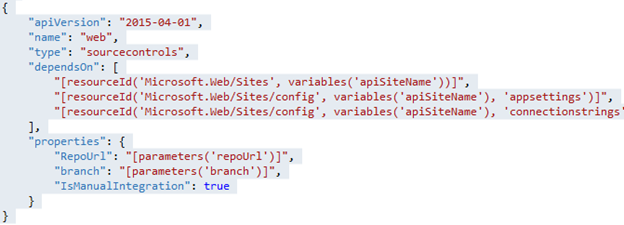 顯示在 JSON 程式碼中將原始檔控制設定定義為巢狀資源的方式。