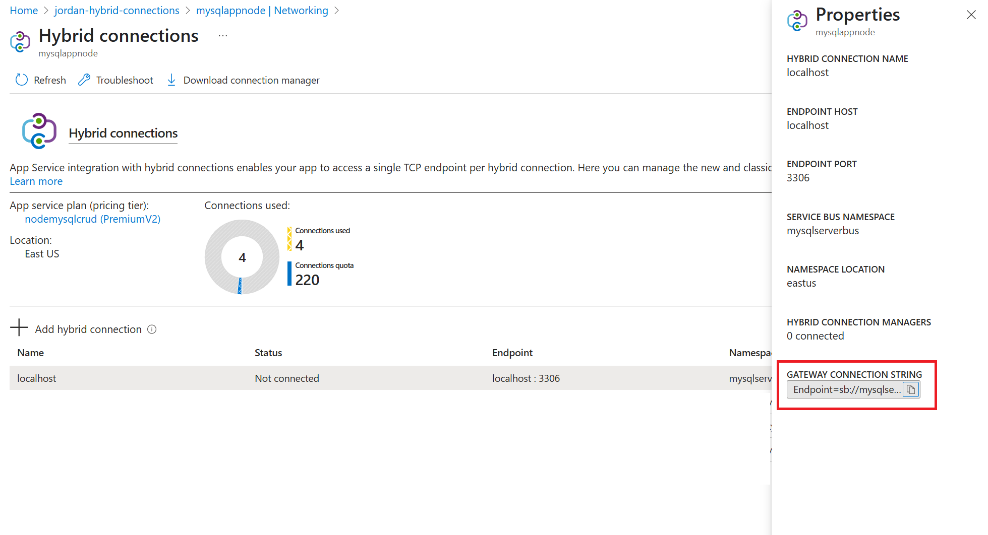 Azure 入口網站中混合式連線閘道連接字串的螢幕快照。