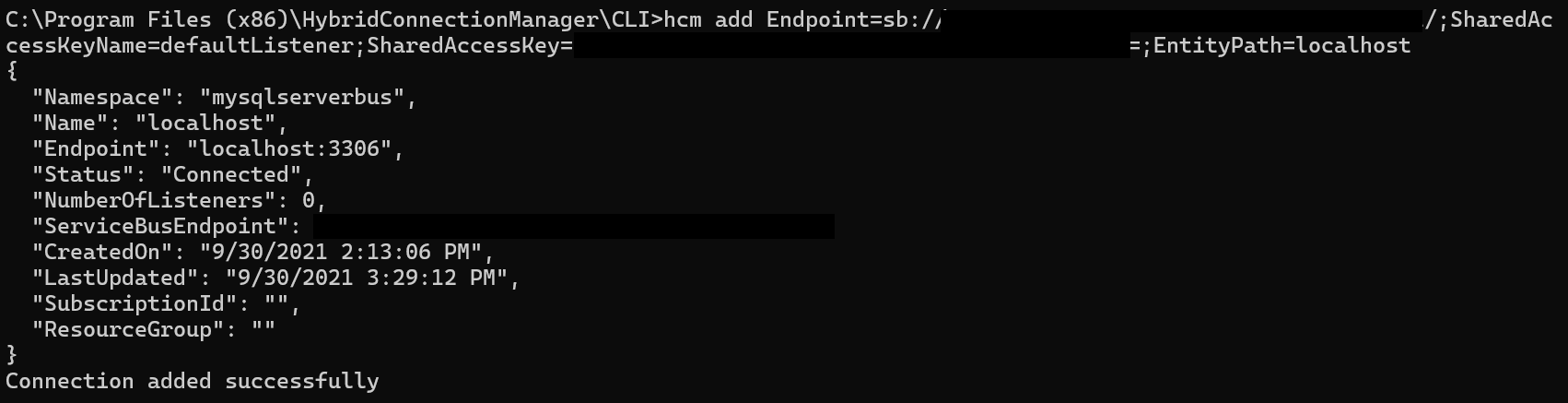 混合式連接管理器 CLI 的螢幕快照，其中顯示如何手動新增混合式連線。