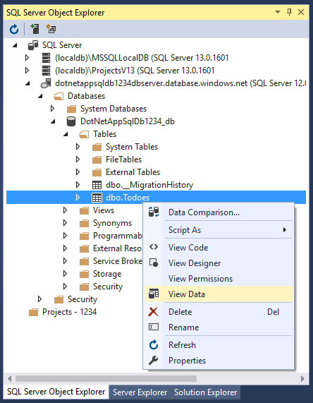 探索 SQL Database 物件