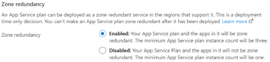 Screenshot of zone redundancy enablement using the portal.