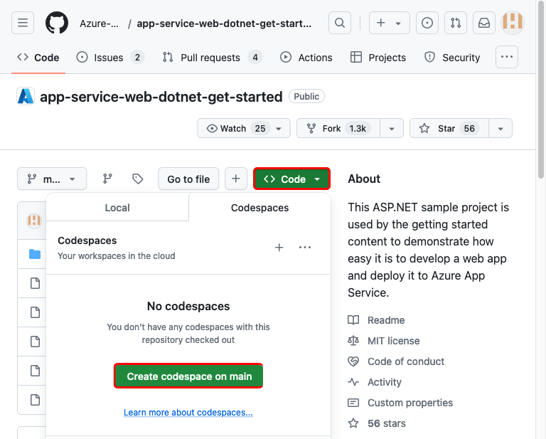 顯示如何在分支 app-service-web-dotnet-get-started GitHub 存放庫中建立 codespace 的螢幕擷取畫面。