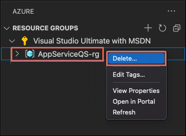 Visual Studio Code 導覽的螢幕快照，以刪除包含 App Service 資源的資源。