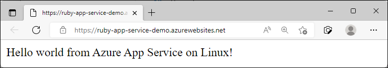 螢幕擷取畫面：Azure 中執行的已更新範例應用程式，顯示「Hello world from Azure App Service on Linux!」。